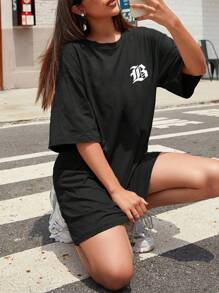 SHEIN Unity 女士短袖T恤連衣裙，印有英文字母