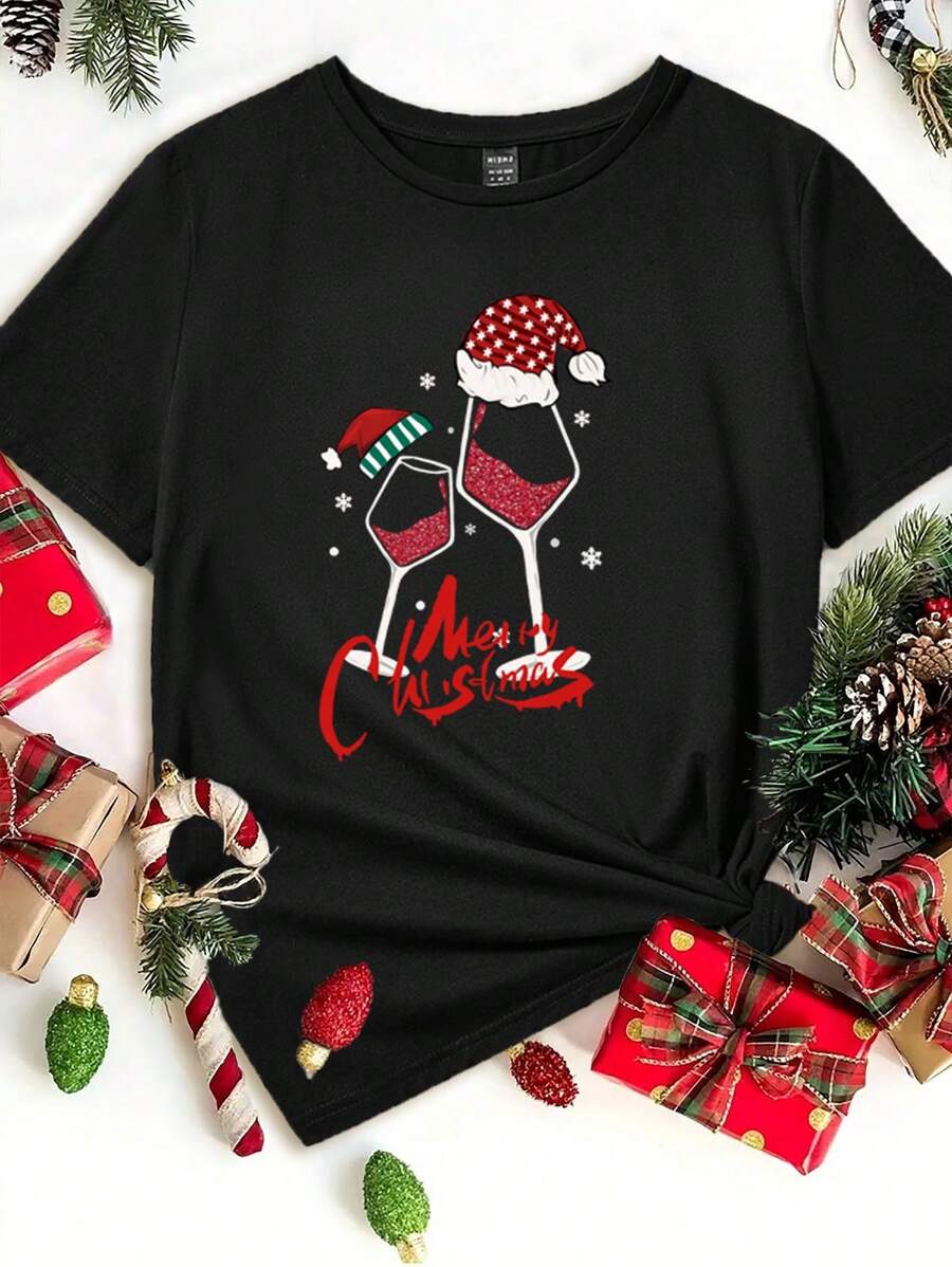 SHEIN LUNE T-shirt ajusté d'été à manches courtes col rond avec motif de Noël simple et décontracté, grande taille pour femmes