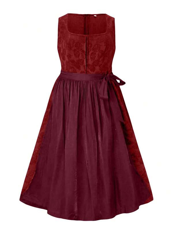 Fairmaia Burgunderrot Damen Kleid mit quadratischem Ausschnitt, ärmelos, mit Selbstbindung in Taille, locker geschnitten, Lässig Outfit, Dirndl-Kleidung in Große Größen, für Oktoberfest
