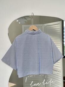 SHEIN Unity 女士蓝色条纹刺绣蝴蝶结衬衫，短款女士衬衫 - 寶藍色 - 查看 2