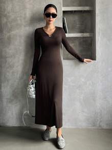 DAZY Women's Casual Solid Color Dress, Suitable For Commuting,Fall Women Clothes Long Sleeve Dress - Brown - View 7
