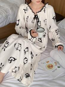 DAZY Women Cute Rabbit Pattern Contrast Trim Drawstring Nightgown