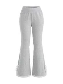 SHEIN EZwear Women's Solid Color Minimalist Everyday Lace Slit Tie Waist Palazzo Pants - Grey - View 4
