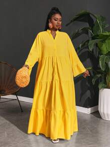 Slaydiva 大码女士度假休闲宽松飘逸 A 字形连衣裙 - 芥末黃 - 查看 6