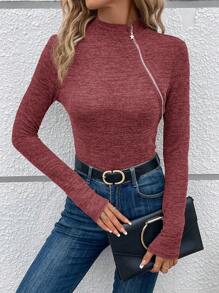 SHEIN LUNE تي شيرت بسيط بسحاب أمامي وأكمام طويلة وياقة مزيفة ، ملابس كاجوال - احمر خشبي - مشاهدة 2