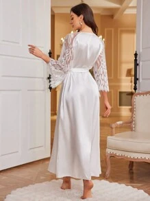Lace Trim Satin Women Bathrobe Luxe Loungewear, Fall - White - View 2