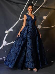 Glamrae 优雅海军蓝奢华 3D 提花 V 领高腰修身美人鱼连衣裙，带超大亮片，多用途，适合约会、派对、婚礼、正式活动、舞会晚礼服、婚礼嘉宾、毕业典礼、晚宴 - 藏蓝色 - 查看 5