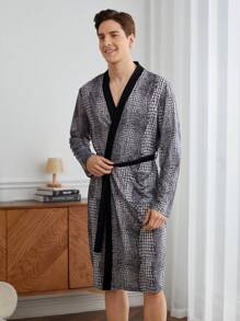 男士纯色拼接长袖抽绳长袍，休闲居家