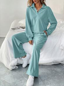 SHEIN LUNE Bộ 2 áo thun dài tay trễ vai trơn và quần ống rộng thường ngày cho nữ, Xuân/Hè - Màu xanh Bạc hà - Xem 4