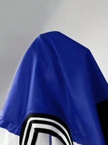 SHEIN 青少年男童休闲拼接撞色棒球夹克，赛车标志印花长袖罗纹腰带运动外套 - 寶藍色 - 查看 12