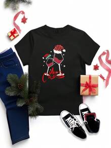 SHEIN LUNE T-shirt ajusté d'été à manches courtes col rond avec motif de Noël simple et décontracté, grande taille pour femmes