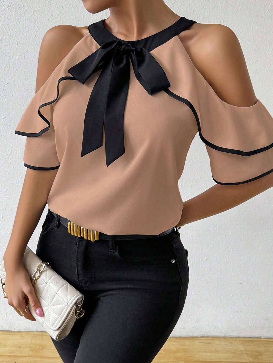 EMERY ROSE 女士系肩修身休闲优雅衬衫 - 棕色 - 查看 1