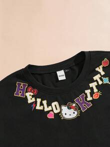 HELLO KITTY AND FRIENDS | SHEIN Unisex 1pc Casual Cartoon & Letter Print Drop Shoulder Loose Short Sleeve T-Shirt, Summer - Black - View 3