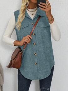 SHEIN LUNE 女式无袖衬衫领前扣口袋休闲夹克 - 霧霾藍 - 查看 3