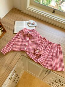 Blossori 2pcs/Set Young Girls French Elegant Red & White Plaid Woven Jacket And Skirt Suit Set, Autumn Winter - Pink - View 1