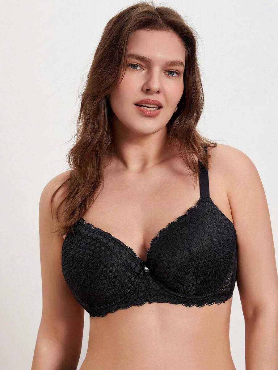 Plus Lace Panel Bow Front Scallop Trim Push Up Bra - Black - View 1