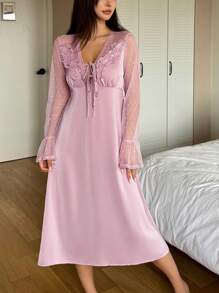 DAZY Satin & Contrast Lace Ruffle Sleeve Waist Cinched Nightgown Pajama - Dusty Pink - View 6