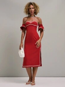 SHEIN Unity Women's Off-Shoulder Ruffle Trim Colorblock Midi Dress