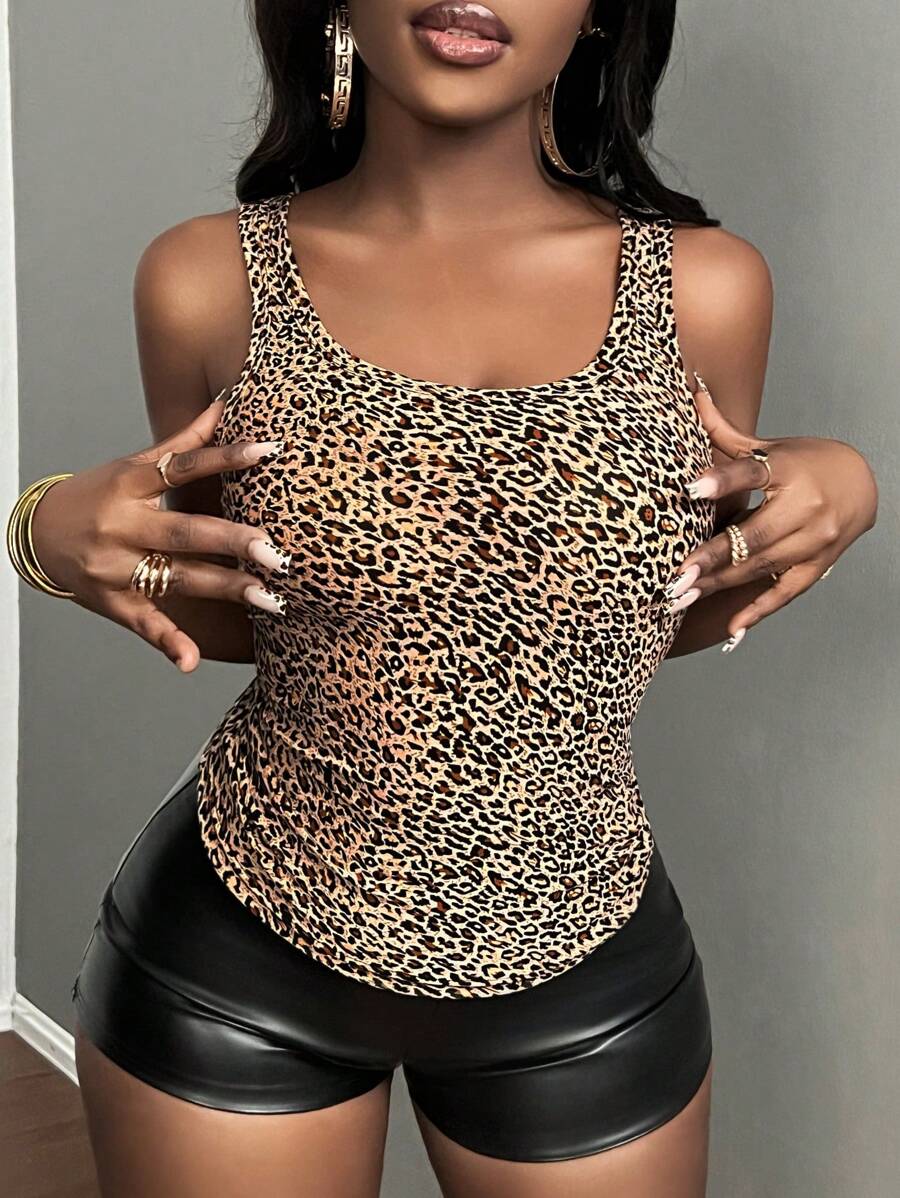 Slaydiva Chaleco de estampado de leopardo de moda de verano ajustado para moda urbana - Multicolor - Ver 1