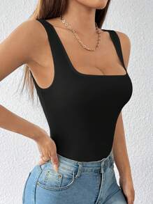 SHEIN PETITE Body de un solo color con tirantes anchos, modelo básico de licra - Negro - Ver 5