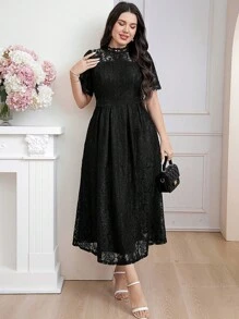 Modelyn 大码女式夏季立领蕾丝泡泡袖优雅连衣裙长款晚礼服 - 黑色 - 查看 4