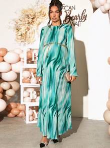 Loomaby 孕妇全身印花圆领长袖连衣裙，适合性别展示和婴儿洗礼派对 - 彩色 - 查看 1