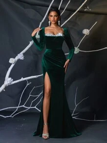 Glamrae 优雅奢华的翡翠绿色天鹅绒亮片褶皱开衩美人鱼裙，带拖尾，适合婚礼活动、单身派对、节日、正式场合（大量装饰）、长袖晚礼服、婚礼嘉宾、毕业典礼、晚宴 - 墨綠色 - 查看 7