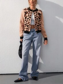 EMERY ROSE Women Fashion Leopard Print Long Sleeve Sweater Cardigan Loose Knit Open Front Fall Winter Outwear Coats - Multicolor - View 4