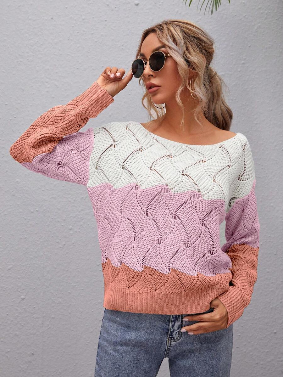 SHEIN LUNE Crew Neck Long Sleeve Colorblock Minimalist Pullover Sweater, Casual Daily Wear, Knit Pullover Fall Winter - Multicolor - View 1