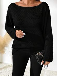 SHEIN LUNE Áo len dài tay màu trơn cỡ lớn dành cho nữ, áo len dệt kim mùa thu/đông. - màu đen - Xem 4