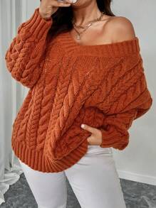 SHEIN Unity Plus Size Solid V-Neck Long Sleeve Minimalist Fall Sweater, Casual Everyday Wear, For Winter Knit Pullover - Orange - View 1