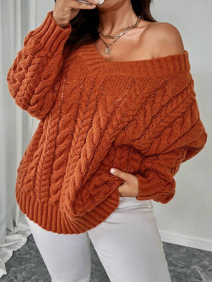SHEIN Unity Plus Size Solid V-Neck Long Sleeve Minimalist Fall Sweater, Casual Everyday Wear, For Winter Knit Pullover - Orange - View 1