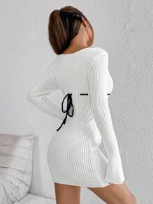 Flirla Women's Fashion Bow Accent Long Sleeve Sweater Dress - White - View 2
