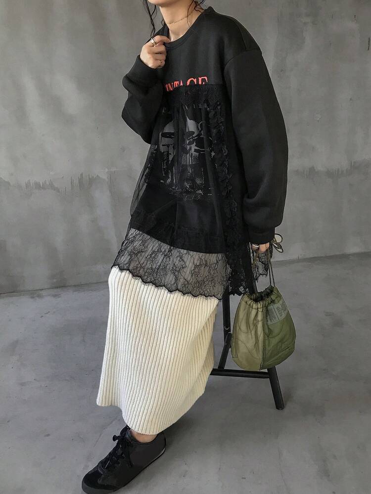 FRIFUL Women's Crew Neck Long Sleeve Mesh Contrast Letter Print Loose Sweatshirt Sheer Fall,Winter - Black - View 8