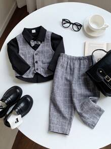 SHEIN 三件套男婴复古英伦风套装：灰色/黑色背心、领结、裤子和黑色衬衫，适合生日派对、圣诞派对、洗礼、一周岁生日庆祝、正式场合、演出和婚礼等场合。 - 灰色 - 查看 9