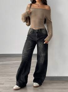 SHEIN Unity Casual Off-Shoulder Sweater, Long Sleeve Tops, Knit Pullover Fall Winter - Camel - View 3