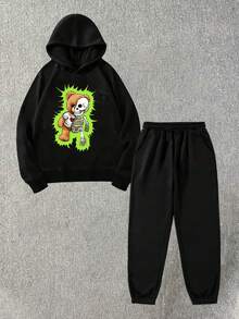 Manfinity LEGND 男士熊印花宽松连帽衫和运动裤套装 - 黑色 - 查看 3