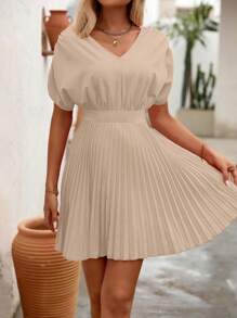 SHEIN Clasi Vestido casual de unicolor con mangas de murciélago, pliegues y dobladillo plisado para mujer - Caqui - Ver 3