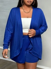 Slaydiva Women Plus Size Solid Blue Shorts And Cardigan Set - Royal Blue - View 8