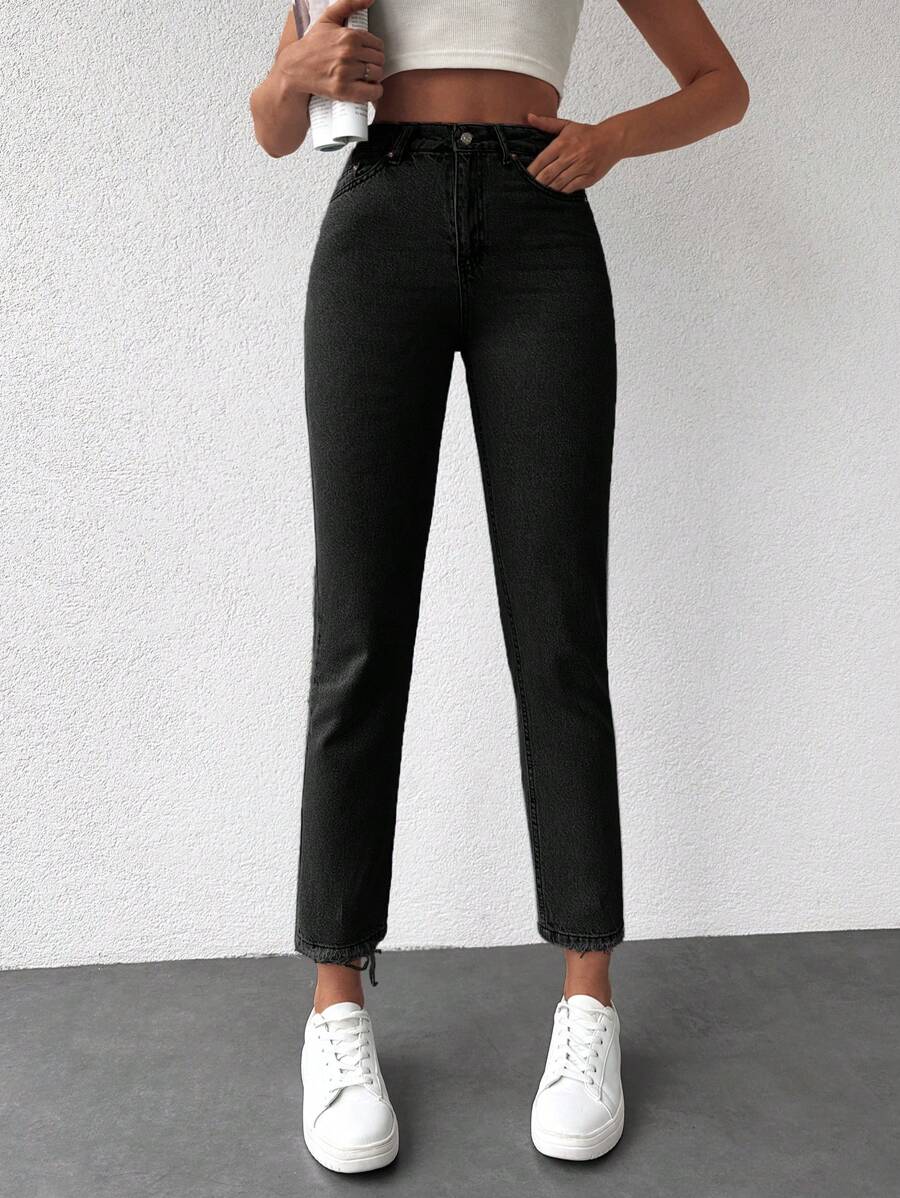 EURMUSE Letter Patched Cropped Mom Fit Jeans - Black - View 1