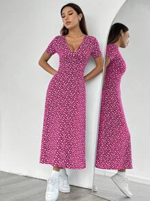 SHEIN PETITE Women's V-Neck Short Sleeve Floral Maxi Casual Dress (Random Cut) - Multicolor - View 6