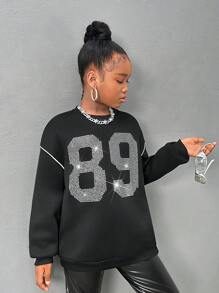 SHEIN Tween Girls Casual Party Rhinestone Embellished Crewneck Thermal Lined Sweatshirt - Black - View 3