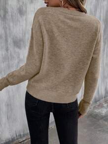 SHEIN LUNE 经典圆领长袖纯色套头毛衣，休闲日常穿着，长袖上衣，秋冬针织衫 - 駝色 - 查看 2