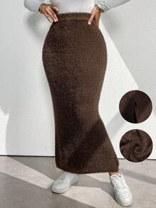 Calvaya 1pc Plus Size Women's Solid Color Maxi Casual Knitted Skirt - قهوة بني - مشاهدة 1