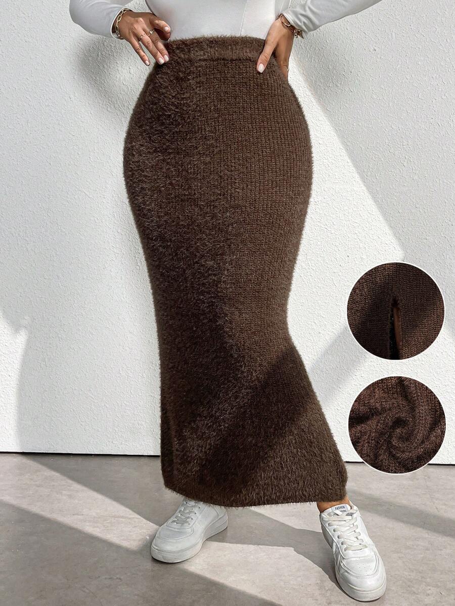 Calvaya 1pc Plus Size Women's Solid Color Maxi Casual Knitted Skirt - قهوة بني - مشاهدة 1