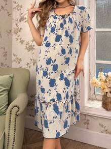 CottageSlumber Women Floral Allover Print Ruffle Hem Short Sleeve Nightgown Babydoll Perfect Summer - Blue - View 4