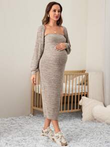 SHEIN Maternity 2pcs Set: Long Sleeve Cardigan Jacket And Slit Front Camisole Dress, Solid Color, Autumn - Coffee Brown - View 4