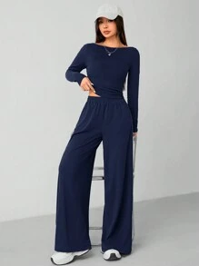 SHEIN PETITE Autumn And Winter Women's Knitted Slim Top + Wide Leg Pants Casual And Comfortable Home Dark Gray Two Pieces Set - Navy Blue - View 6