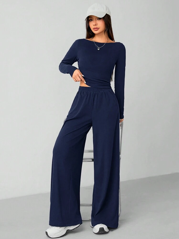 SHEIN PETITE סט שני חלקים סרוג סתיו וחורף לנשים + מכנסי רגליים רחבות לבית רגיל ונוח אפור כהה - כחול נייבי - ראה 6