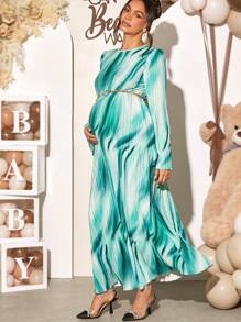 Loomaby 孕妇全身印花圆领长袖连衣裙，适合性别展示和婴儿洗礼派对 - 彩色 - 查看 5